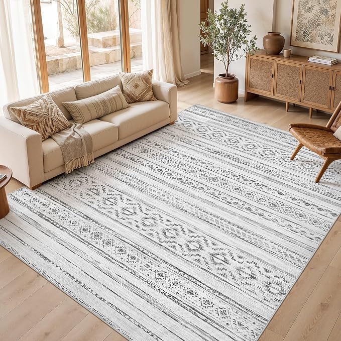 cotiled Boho 7x9 Area Rug for Living Room: Large Moroccan Washable Rug | Solve Modern Neutral Trendy Home Decor - Stain Resistan Indoor Carpet for Bedroom Dining Room Cream Grey
