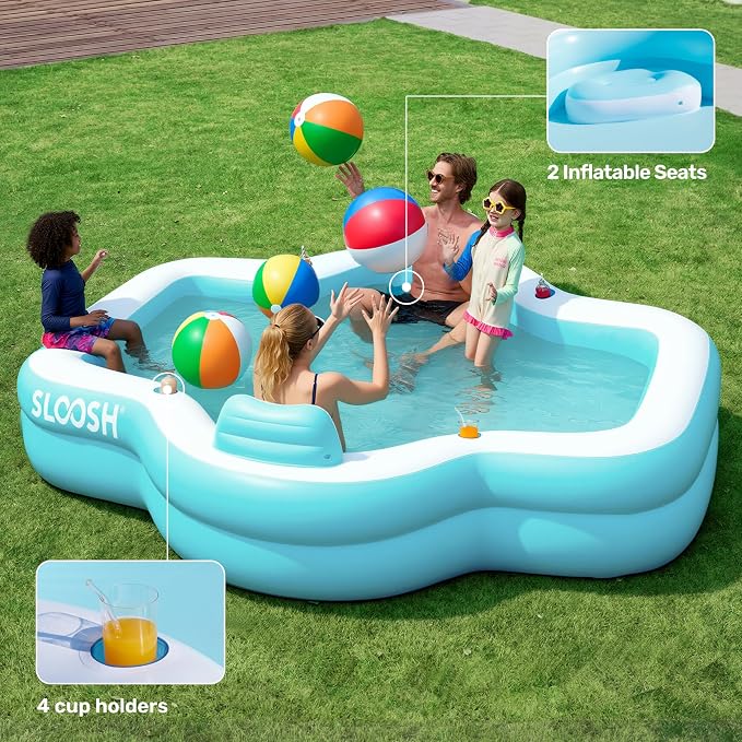 SLOOSH Inflatable Pool for Family with Seats, 120" x 101" x 26" Full-Sized Blow Up Durable Thickened Above Ground Pool with Backrest Cup Holders,Swimming Pools for Backyard Summer Water Lawn, Cyan
