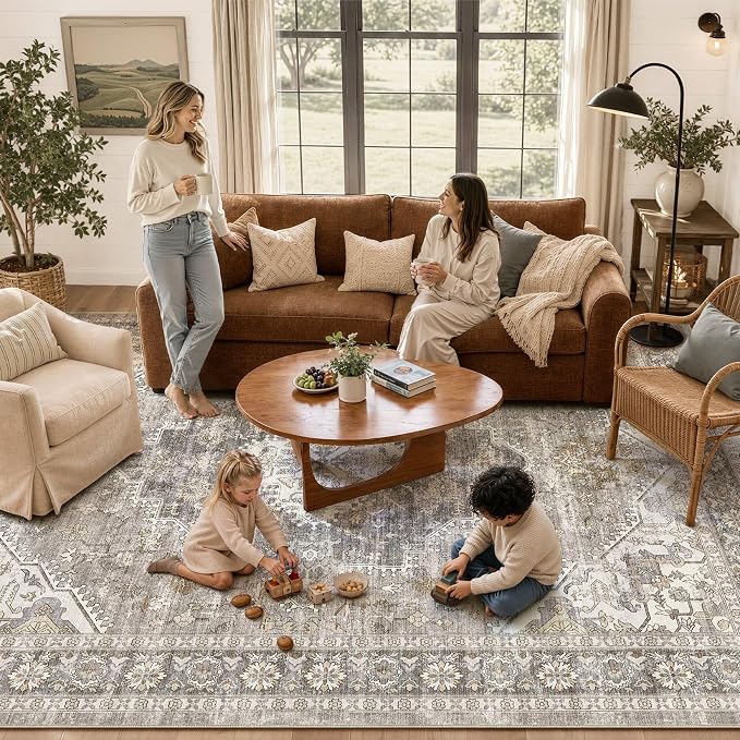 DTICON Vintage Washable 7x9 Area Rug Living Room Rugs, Taupe | Boho Distressed, Pet & Kid Friendly, Non-Slip Backing, Soft Polyester, Low-pile Carpet for Living Room, Bedroom, Dining Room