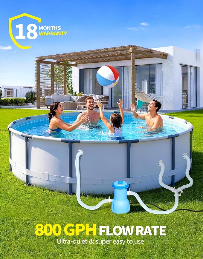 Standard Series Above Ground Pool Filter Pump - 800 GPH Flow Rate | Rapid Circulation & Micro-Debris Filtration, Pool Cartridge Filter Pump System - Keep Water Crystal Clean & Clear-Deep Blue