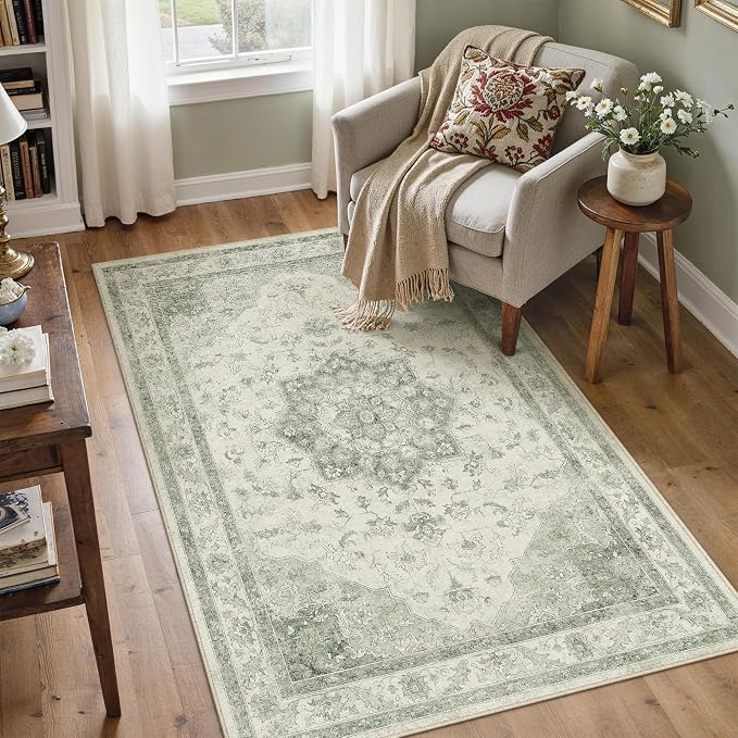 Green 3x5 Washable Area Rug Entryway Vintage Oriental Doormat | Soft Low Pile, Non Slip, Stain Resistant, Floral Medallion, Neutral Retro Decor for Kitchen, Bathroom, Bedroom, Office