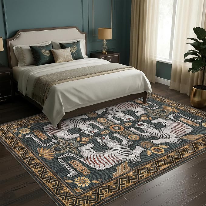 GarveeHome Large Tiger 9x12 Area Rugs Boho Washable Vintage Living Room Rug | Non Slip Blue Rugs for Bedroom, Tribal Soft Animal Print Throw Rug Ultra Thin Stain Resistant Floor Carpet for Office
