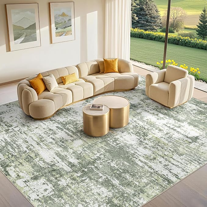 Tortania Area Rug Living Room Rugs - 8x10 Modern Abstract Neutral Large Soft Thin Rugs - Non Slip Indoor Carpet for Bedroom Dining Room Office Nursery Home Floor Decoration - Green