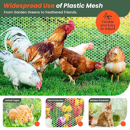 Toolterritary 16IN x 50FT Plastic Chicken Wire Mesh, Chicken Wire for Floral Arrangements, Chicken Wire Mesh for Crafts with 100 Pcs Zip Ties, Mesh Fence for Dogs, Deers, Poultry