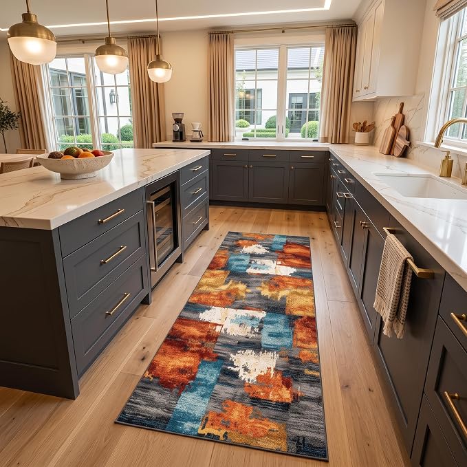 2x6 Burnt Orange and Teal Abstract Brushstroke Area Rug | Soft Low-Pile Machine-Washable Rug with Non-Slip Backing for Dining Rooms, Entryways and Reading Areas for Easy Everyday Care