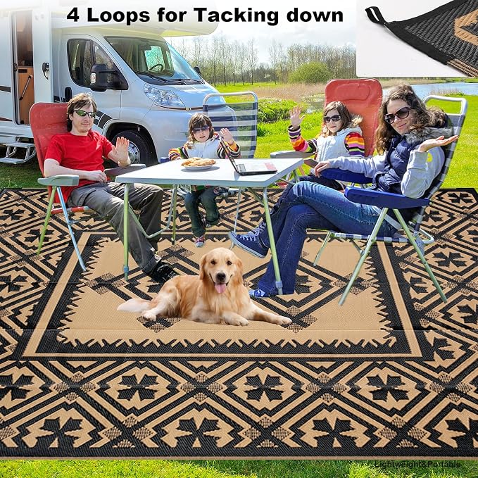 Alfolo Outdoor Rugs 9x12 for Patios Clearance Brown Outdoor Plastic Straw Rug Black and Brown Outdoor Rug Waterproof Reversible Outside Mat with Durable Edges Double Woven Patio,Porch,Rv Camping Rug