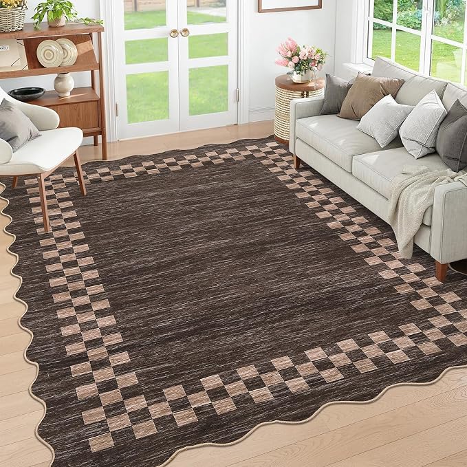 GarveeHome Washable Rug 5x7 for Living Room Large Bedroom Scalloped Rug | Non Slip Stain Resistant Modern Border Throw Carpet Soft Neutral Rug for Dining Room Nursery Home Office, Brown