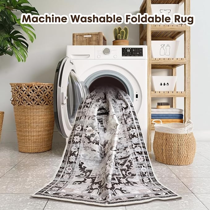 Washable Area Rug 8x10, Grey Vintage Persian Style Floral Living Room Rug | Machine-Washable Rug, Distressed Design Area Rugs, Modern Classic Transitional Style, Bedrooms Rug, Non-slip Backing