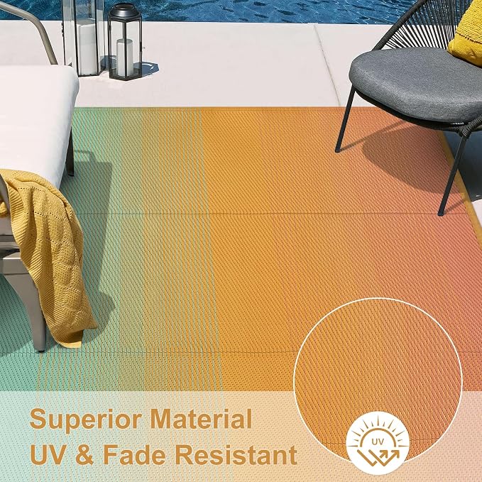 Lahome Outdoor Patio Rug Waterproof 6x9 Outside, Plastic Straw Rug Reversible Rv Mat,Large Porch Floor Carpets,Lightweight Portable Camping Carpet for Deck Balcony Tent, Blue-Orange 6x9