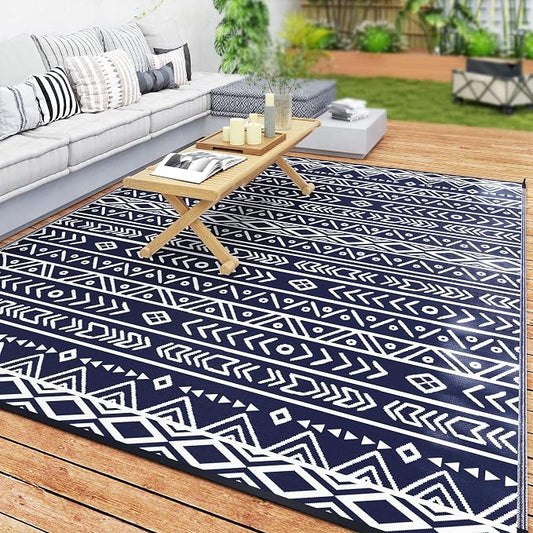 Outsunny Outdoor Rug for Patio, 8' x 10' Waterproof Large Mat, Reversible Plastic Straw Rug for Decor, Portable Outside RV Camping Area Carpet Mat for Backyard Porch Deck Picnic, Blue White Geometric