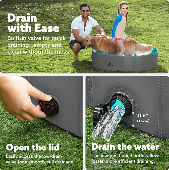 SLOOSH Foldable Dog Kiddie Pool - Portable Hard Plastic Doggie Swimming Pool, Anti-Slip Collapsible Pets Bath Tub Suitable for Kids Indoor Outdoor Backyard Use (Grey, 48" x 12")