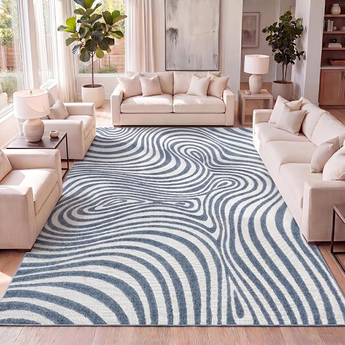 JONATHAN Y Maribo High-Low Abstract Striped Dark Blue/Cream 3x5 Indoor/Outdoor Area Rug for Patio, Backyard, Living Room, Bedroom, Office, Hose-Washable (SCN103E-3)