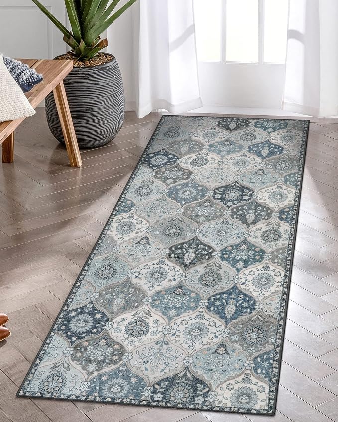 Lahome Moroccan Kitchen Runner Rug, 2x5 Washable Hallway Runner Non Slip | Trellis Non Slip Rubber Backing Ultra-Thin Vintage Carpet for Entryway Bedroom Bathroom Elise, Blue
