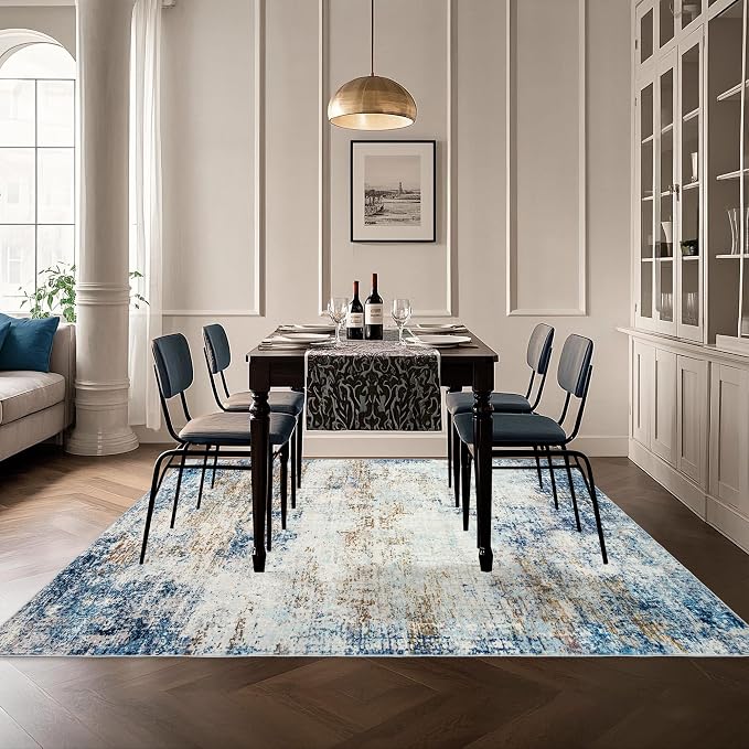 Washable 10x14 Area Rug: Blue Rugs for Living Room Dining Room Bedroom Office Indoor - Non-Slip Modern Large Carpet Home Decor - 10x14 Mottled Blue