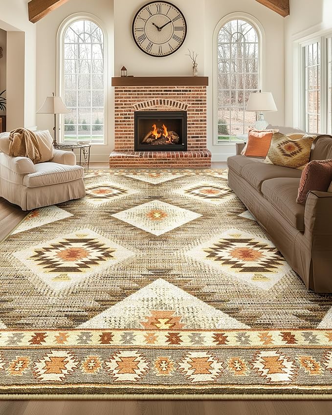 7'x9' Washable Area Rug for Living Room Bedroom Cream/Camel | Soft Western No Slip Low Pile Print Foldable Indoor for Kitchen Dining Room