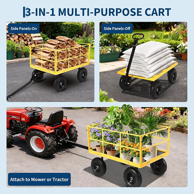 Garvee 1500 LB Heavy Duty Garden Wagon Cart, Outdoor Metal Utility Trailer | 13 in All Terrain Tires, 3-in-1 Yard Wagon Cart with Removable Side Panels for Outdoor Lawn, Yard, Backyard