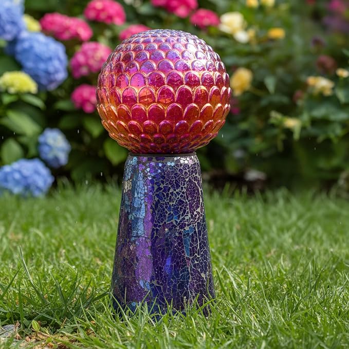 Sunnydaze Glass Gazing Ball Stand for Outdoors, Iridescent Purple | Outdoor Mosaic Sphere Holder & Pedestal for Backyard or Patio Decoration, 11" Tall Gazing Globe Stand, Fits 10-12 in Balls
