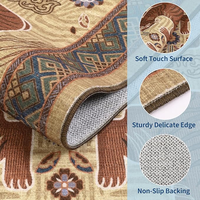 GarveeHome Tiger Round Area Rugs Boho Bedroom Non Slip Washable Vintage | 4ft Camel Animal Print Bedroom Circle Rugs,Tribal Floor Carpet for Dining Room Entryway Nursery Playroom Office