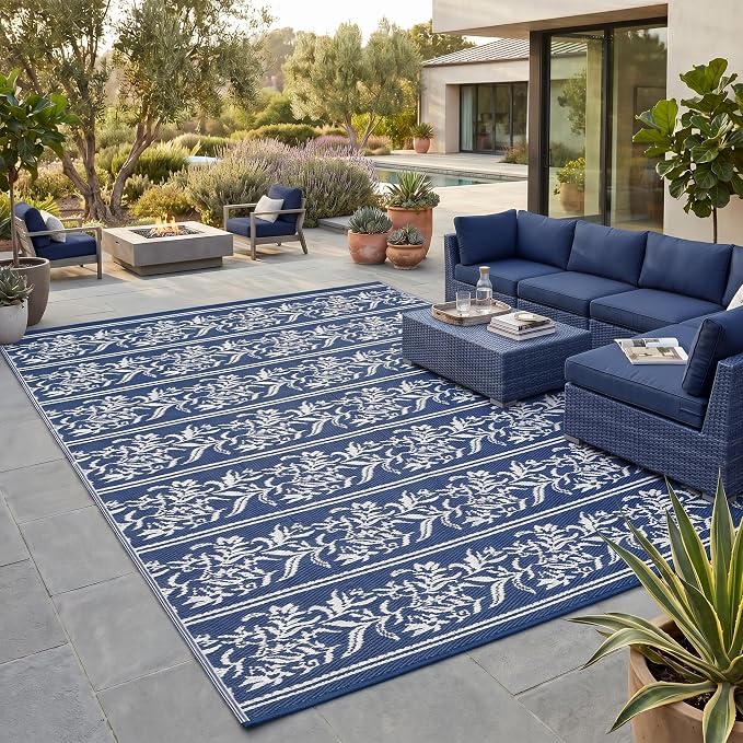 Garvee Outdoor Rugs 9x12 Waterproof Reversible Mat Boho Leaf Patio Rug with 4 Stakes and Starage Bag, Large Outdoor RV Mat Rugs for Camping, Picnic, Balcony, Deck, Backyard, Navy Blue & White