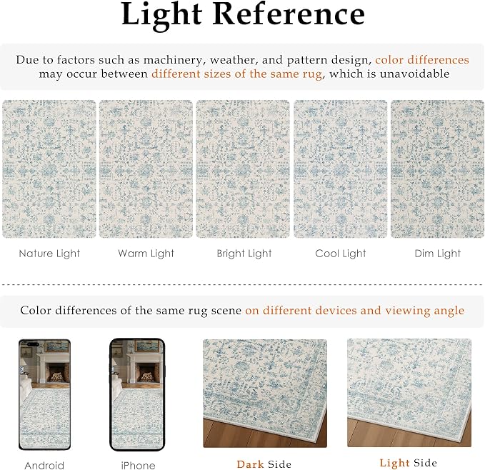 9x12 Blue Neutral Living Room Area Rug | Washable, Low Pile, Accent, Vintage, Soft, Non Slip, Large Carpet for Bedroom Dining Room Nursery Indoor Home Decor