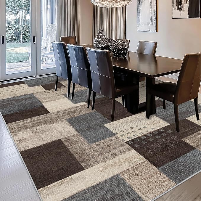 Modern Geometric Patchwork Indoor Blue Area Rug for Living Room | Blue-Taupe 5'x 7' Large Rug Rockwood Collection Hardwood Floors Decor for Bedroom, Throw Carpet for Office Entryway Dining