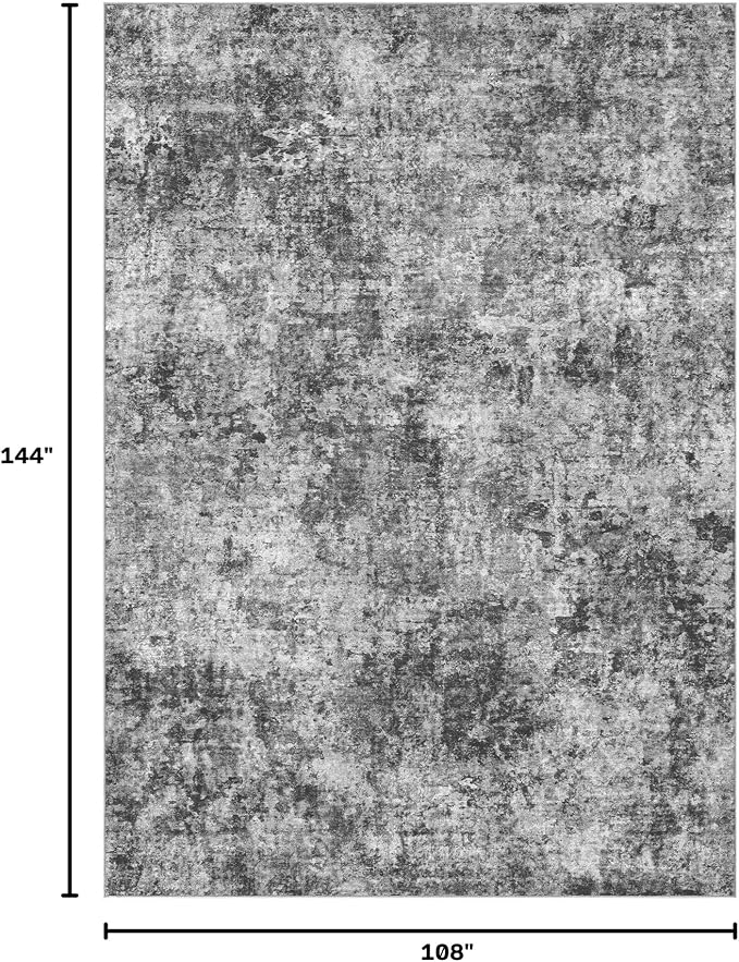 Tortania Washable 9x12 Area Rug for Living Room: Modern Abstract Neutral Large Soft Thin Rugs - Non Slip Indoor Carpet for Bedroom Dining Room Office Nursery Home Floor Decoration - Charcoal Grey