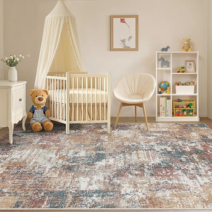 Tortania Washable 10x12 Area Rug for Living Room: Modern Abstract Neutral Large Soft Thin Rugs - Non Slip Indoor Carpet for Bedroom Dining Room Office Nursery Home Floor Decoration - Colorful Multi
