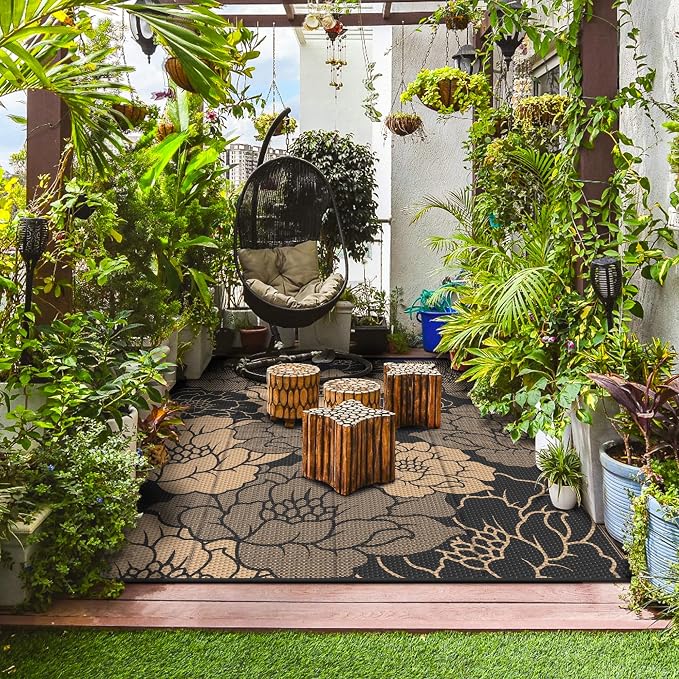 GENIMO Outdoor Rug Waterproof for Patio Decor, 9' x 12' Reversible Plastic Straw Floral Camping Carpet, Large Area Rugs Mats for RV, Camper, Deck, Balcony, Porch, Beach, Picnic, Mix-Black & Brown