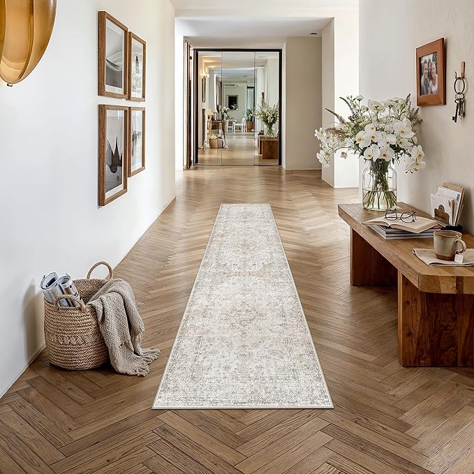 2'6x8 Washable Runner Rug Beige Grey Non Slip Vintage Carpet | Low Pile, Stain Resistant, Kitchen, Bedroom, Entryway, Laundry Room, Hallway, Soft, Thin, Lightweight