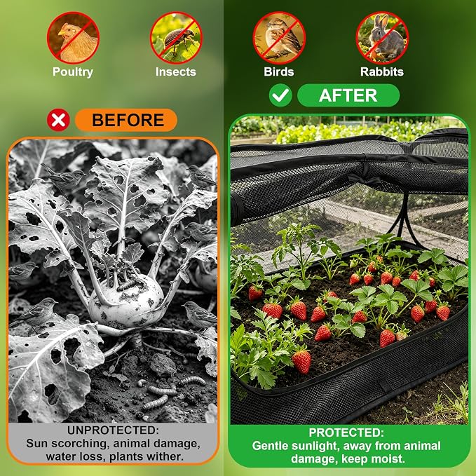 2Pack Raised Garden Bed Covers, Pop-Up Mesh Plant Shade Cover, 30% Sunblock Plant Shade Tent, Foldable Garden Netting Crop Cage for Vegetables Against Birds, Insects, 16 Stakes, Black-45"X22"X17.7"