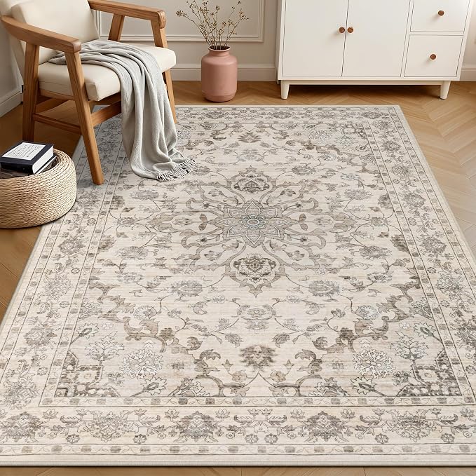 5x7 Area Rugs Living Room: Washable Rug for Bedroom Brown Beige | Boho No Slip Stain Resistant Rug Soft Indoor Decor Floor Floral 5x7 Area Rugs for Dining Room, Nursery, Hallway, Home Office