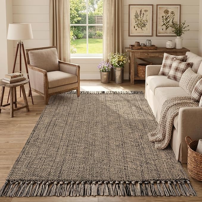 4' x 6' Bedroom Area Rug, Modern Farmhouse Indoor Outdoor Rugs | Boho Living Room Rug, Natural/Black Hand Woven Comfy Bedside Mats Reversible Dining Room Carpet for Nursery Room Patio Decor