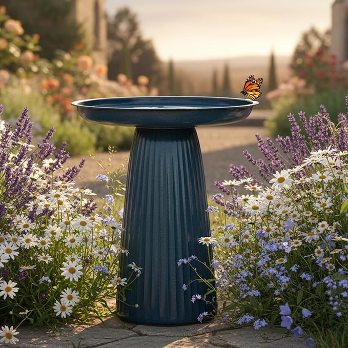 Sunnydaze Gleeful Garden 23" Iron Pedestal Bird Bath for Outside - Modern Shallow Basin Birdbath for Outdoors with UV-Protected Rust-Resistant Finish for Patio, Garden, Yard Decor - Blue Glaze