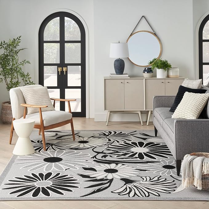 Nourison Home Aloha Black White 5'3" x 7'5" Area Rug - Easy Clean, Non Shedding, Bed Room, Living Room, Dining Room, Kitchen (5' x 8')
