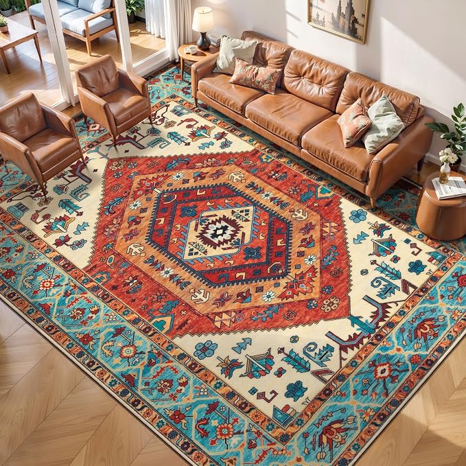 SERISSA 7x9 Washable Non Slip Boho Area Rug for Living Room，Orange | Ultra Soft Vintage Oriental Carpet Low-Pile Distressed Tribal Floor Carpet for Dining Room Bedroom Dorm Office Home Decor