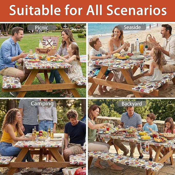 Jobunai 3 Piece Picnic Table Cover with Bench Covers Fitted Camping Table Cloths for 8Ft Tables Camper Travel Trailer Must Haves Motorhome Garden Tools Couple Wife Husband Boyfriend Girlfriend Gift