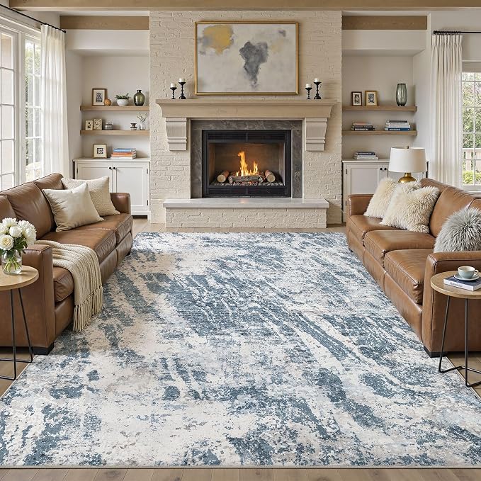 DMOYEST 8x10 Area Rug for Living Room Washable Abstract Indoor Carpet | Neutral Modern Low Pile Rugs Kid & Pet Friendly Large Soft Thin Carpet for Bedroom Dining Room and Office - Blue Light