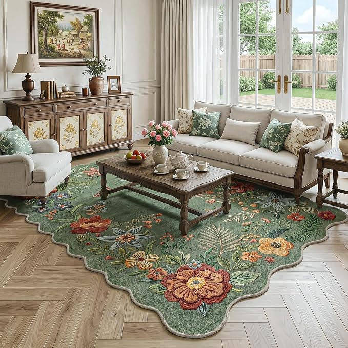 FMFUNCTEX 5x7 Washable Sage Green Floral Scalloped Area Rug for Living Room | Vintage Flower Colorful Traditional Boho Distressed Soft Non Slip Low Pile Large Cottage Indoor Carpet Dining Bedroom Nursery