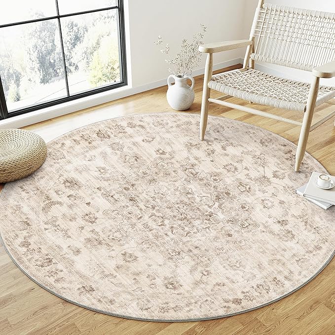 4x4 Beige Neutral Round Rug | Washable, Non Slip, Soft Low Pile, Vintage Farmhouse, for Dining Room Office Entryway Living Room Bedroom Indoor Home Decor