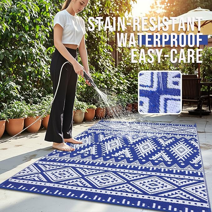 OLANLY Outdoor Rug Waterproof 10x14 ft, Reversible Outdoor Plastic Straw Rug, Boho Patio Rug, Indoor Outdoor Carpet, RV Mat Outside for Patio, Camp, Picnic, Balcony, Deck, Backyard, Blue & White
