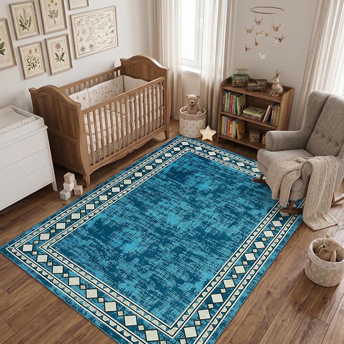 Garvee 8x10 Vintage Border Washable Rugs for Living Room Bedroom Rug, Teal | Boho Area Rug Stain Resistant Easy Cleaning Throw Rugs Low Pile Floor Cover for Nursery Dining Room Apartment