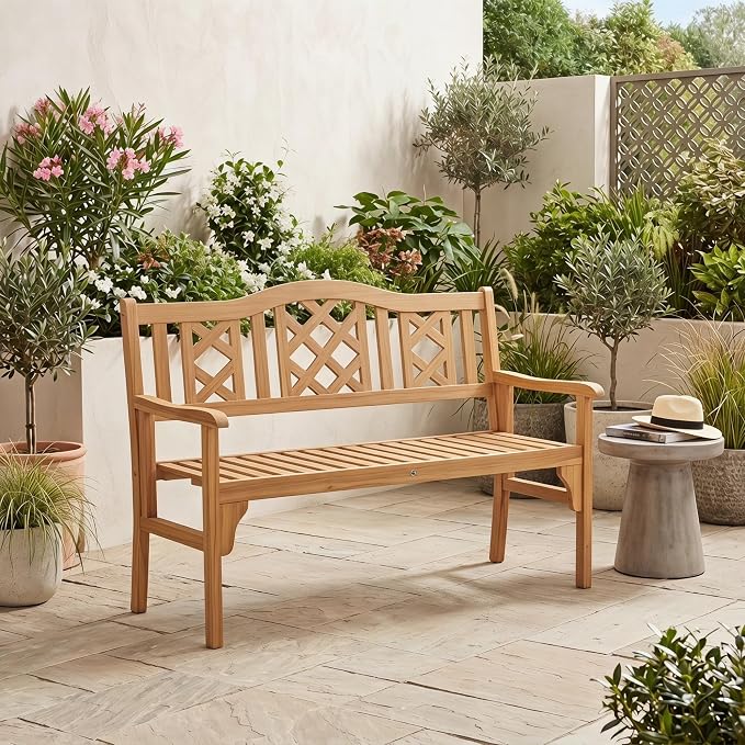 Giantex 4 Ft Foldable Outdoor Bench, Acacia Wood Outside Loveseat with Curved Backrest and Armrest, 705Lbs Weight Capacity, Garden Bench for Patio, Park, Porch, Balcony