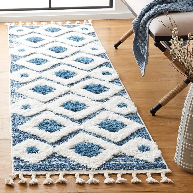 SAFAVIEH Moroccan Tassel Shag Collection Runner Rug - 2'3" x 8', Blue & Ivory, Boho Design, Non-Shedding & Easy Care, 2-inch Thick Ideal for High Traffic Areas in Living Room, Bedroom (MTS664M)