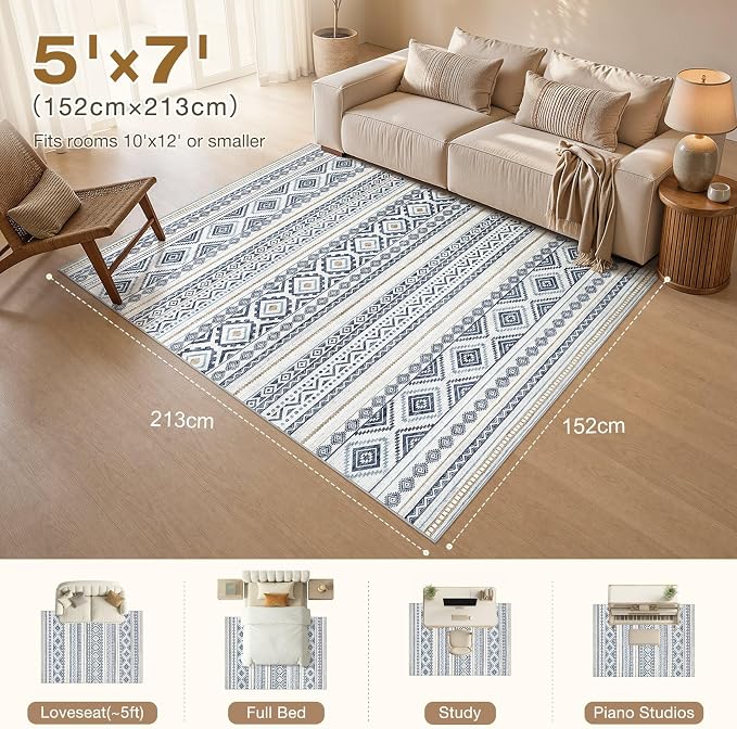 cotiled Boho 5x7 Area Rugs for Living Room: Soft Moroccan Washable Rug | Solve Modern Neutral Trendy Home Decor - Stain Resistan Indoor Carpet for Bedroom Dining Room Blue