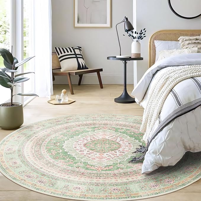 Round Area Rugs 5ft Washable,Green Rug for Living Room Bedroom | Large Boho Vintage Bohemian Distressed Oriental Carpet Non Slip for Dining Room,Sage Blush Floral