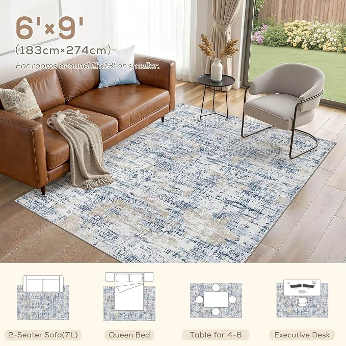 Nakagishi 6X9 Abstract Washable Area Rugs for Living Room-Blue Golden | Modern Non-Slip Silicone Backing Low Pile Soft Carpet for Bedroom Dining Decor Ideal for Families with Kids and Pets