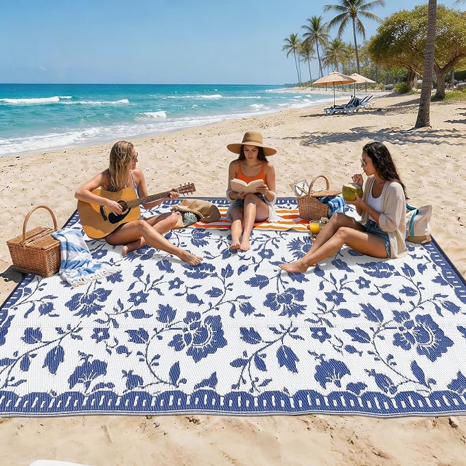 Garvee 5x8 Outdoor Rug Waterproof, Vintage Floral Plastic Straw Rugs, Camping Rugs for Outside Your RV, Foldable Lightweight Reversible Carpet with Portable Bag for Patio, Backyard, Beach, Navy＆White