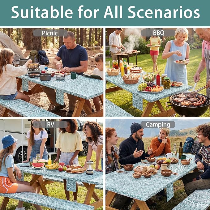 Jobunai Fitted 6Ft Picnic Table Cover with Chair Covers Elastic Polyester Stain Resistant Reusable Camping Table Cloth Patio Glamping Equipment Hiking Rv Outdoor Necessities Gifts for Grandma Grandpa