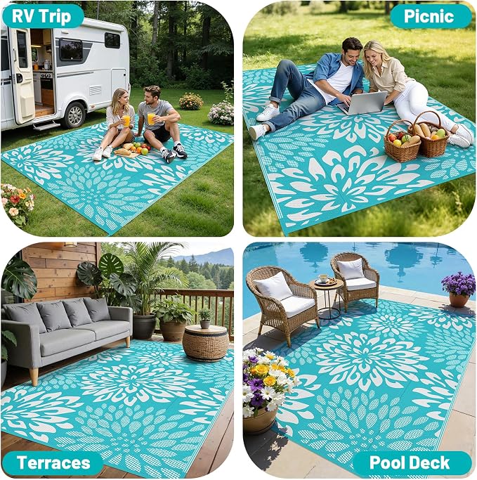 HEBE Waterproof Outdoor Rug 5x8 for Patios, Floral Reversible Plastic Straw Rug Patio Mat, Indoor Outdoor Carpet RV Mat Camping Rug for Deck, Camper, Porch, Balcony, Backyard, Picnic
