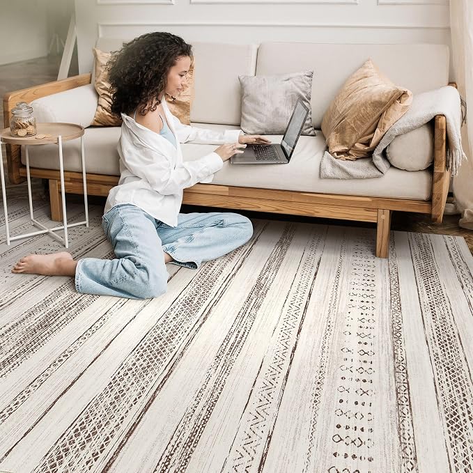 Tortania Area Rug Living Room Rugs - 8x10 Washable Large Soft Neutral Boho Moroccan Bohemian Farmhouse Rug Indoor Floor Carpet for Bedroom Under Dining Table Home Office Decor - Brown Beige